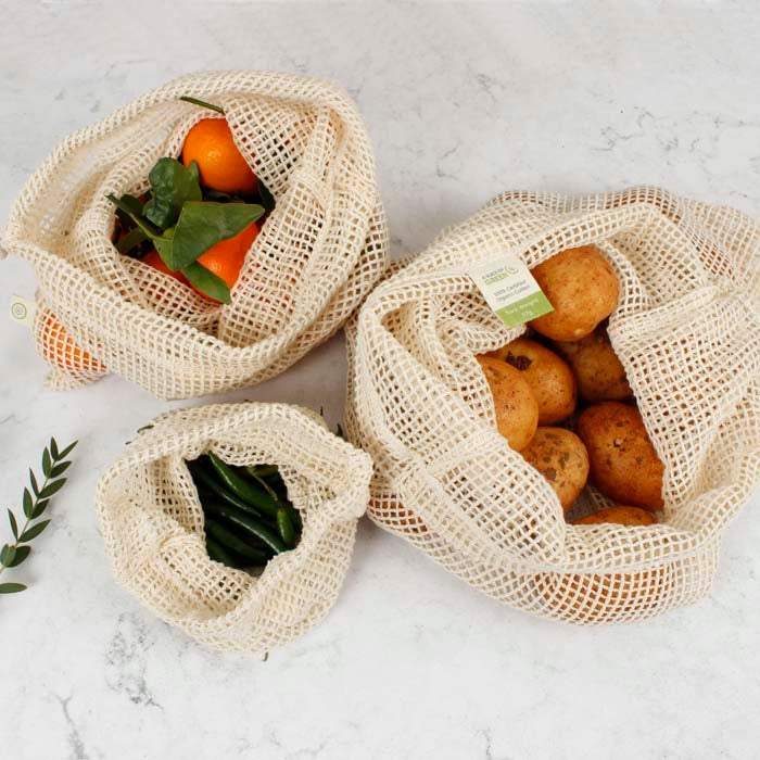 Pack of 5 Natural Cotton Mesh Drawstring Bags. Eco- Friendly Fruit